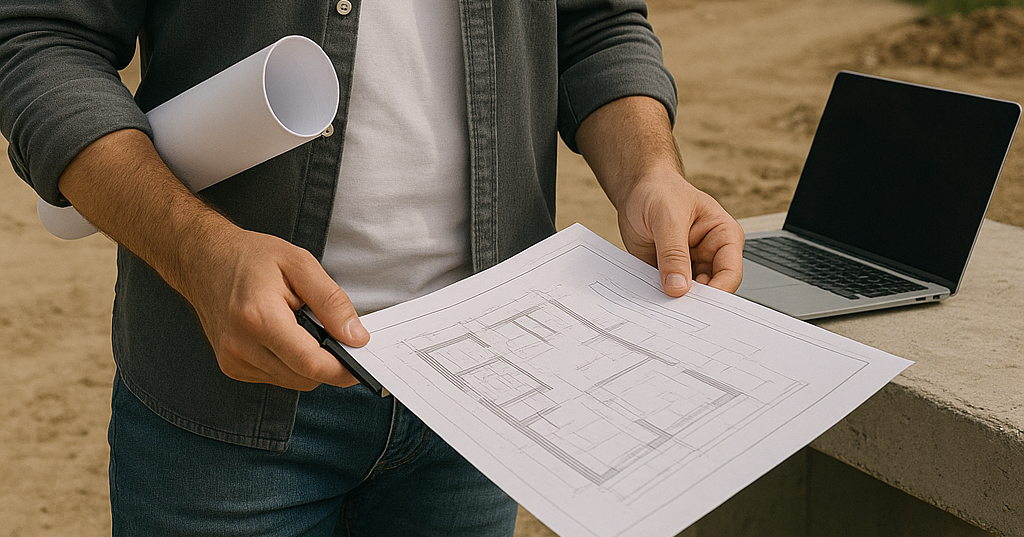 Persona sosteniendo planos arquitectónicos junto a una laptop en un sitio de construcción.
